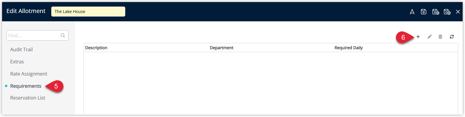 Screenshot of the Allotments tab for a group in RMS highlighting the option to add a requirement to the selected group allotment.