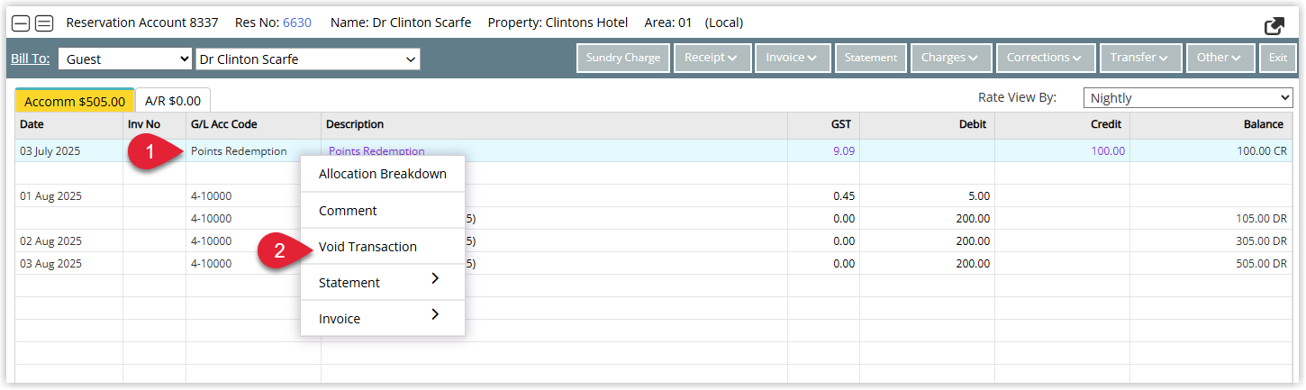 RMS account transaction list showing the Guest Rewards Unassigned Credit Note right-click menu open with the Void Transaction option selected.