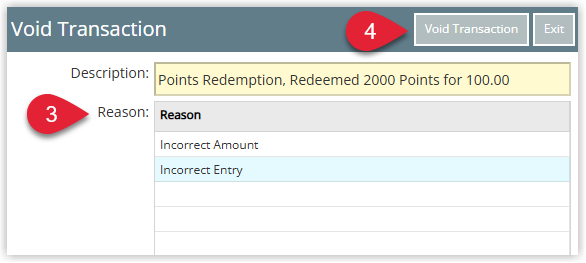 RMS Void Transaction confirmation window displaying the selected Guest Rewards Unassigned Credit Note, a dropdown to choose a Void Reason, and the Void Transaction button highlighted to confirm the reversal and return loyalty points.