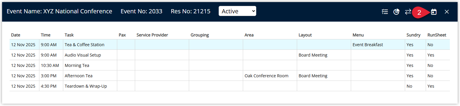 Event Management view in RMS displaying an Event menu with options such as Overview, Layouts, Menus, Tasks and a Daily Schedule option highlighted to open the daily schedule for the event