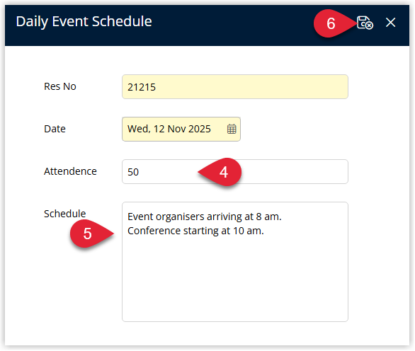 Edit Daily Schedule window in RMS showing fields for Event Attendees and Event Schedule Notes populated with details for that event day, with a Save/Exit button to store the daily schedule that will appear on the Event Schedule report