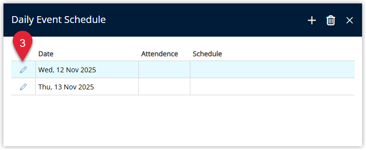 Daily Schedule screen in RMS listing each event date in a table with an Edit link or button beside each date, and one event date’s Edit option selected