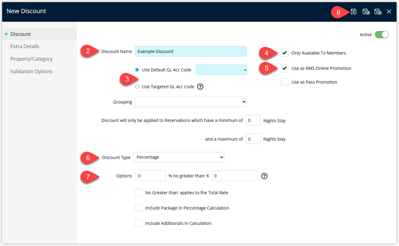 Discount details window displaying fields for Discount Name General Ledger Account Code Only Available to Members and Use as RMS Online Promotion checkboxes Discount Type and Discount Options completed with the Save button highlighted.