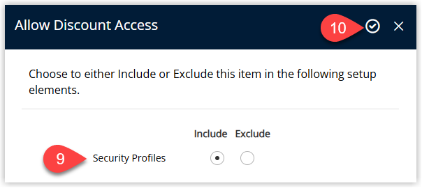 Discount Access dialog showing a list of entities such as properties, users, or channels with selected entries for which the membership discount will be available and the Apply button highlighted.