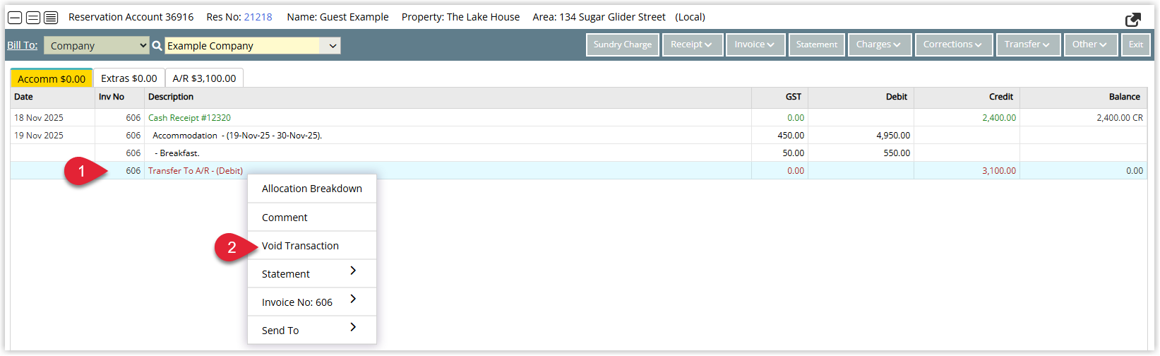 RMS account transactions screen showing a Transfer to A/R entry highlighted, with the right‑click context menu open and the Void Transaction option selected to begin voiding the A/R transfer.