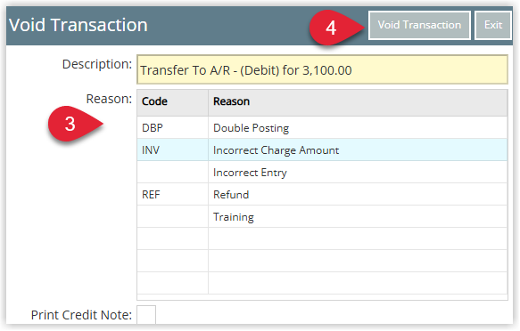 RMS Void Transaction confirmation window displaying a Void Reason drop‑down with a reason selected for cancelling the Transfer to A/R, and the Void Transaction button highlighted to confirm and cancel the Tax Invoice and A/R transfer.