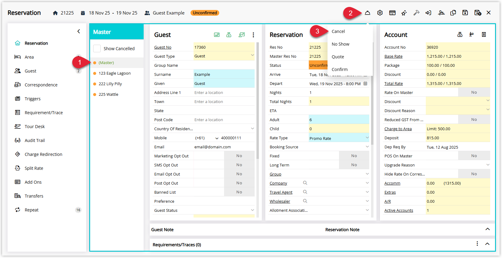 RMS Master Reservation screen with the (Master) cover page selected in the navigator and the Change Status option opened, showing Cancel chosen to cancel the entire master reservation and its linked reservations.