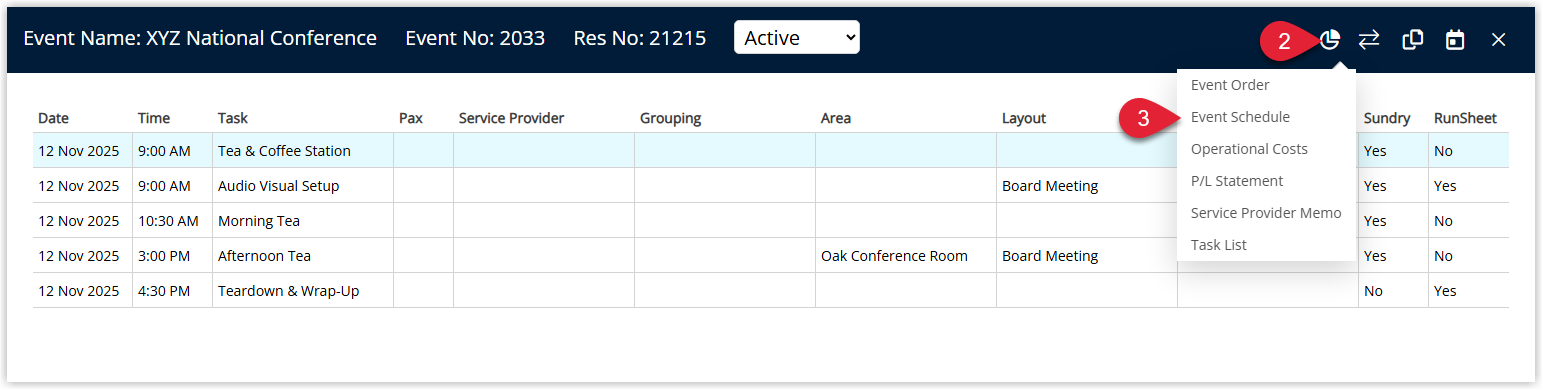 Annotated screenshot of the Event Management screen in RMS highlighting the Reports icon and the Event Schedule option