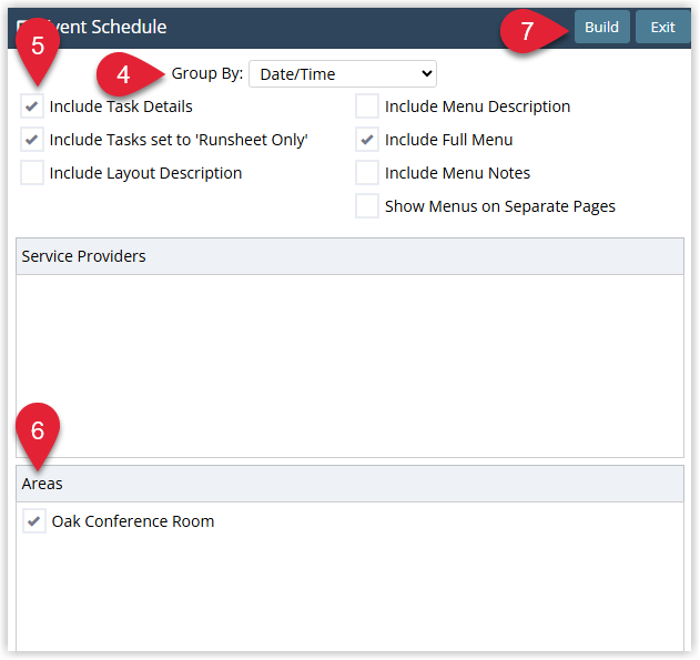 Annotated screenshot of the Event Schedule window in RMS highlighting the Group By option, Additional Options, Event Areas and the Build button