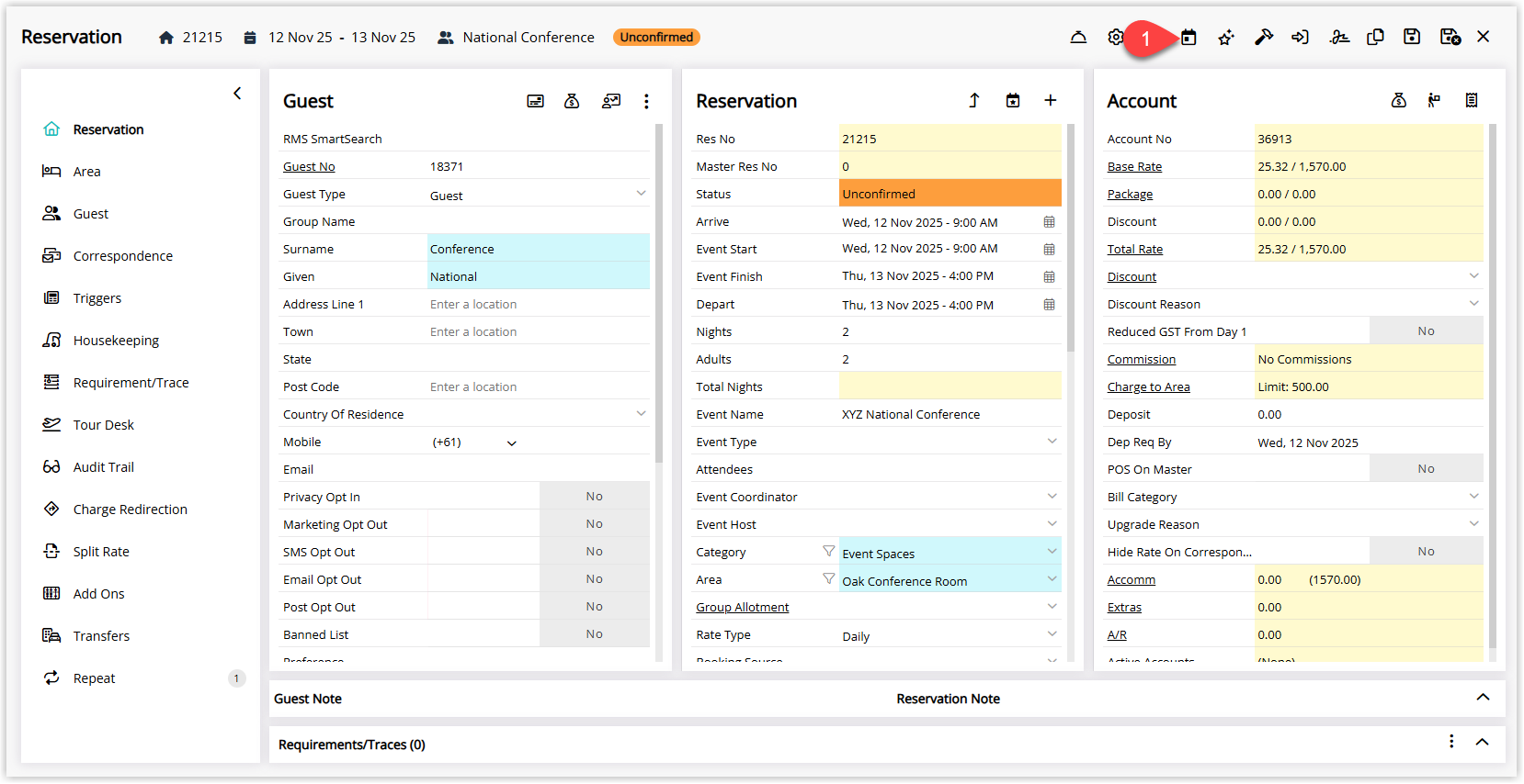 Screenshot of the Event Management screen in RMS showing a list of events with options to open an event and manage its details, tasks and runsheet.