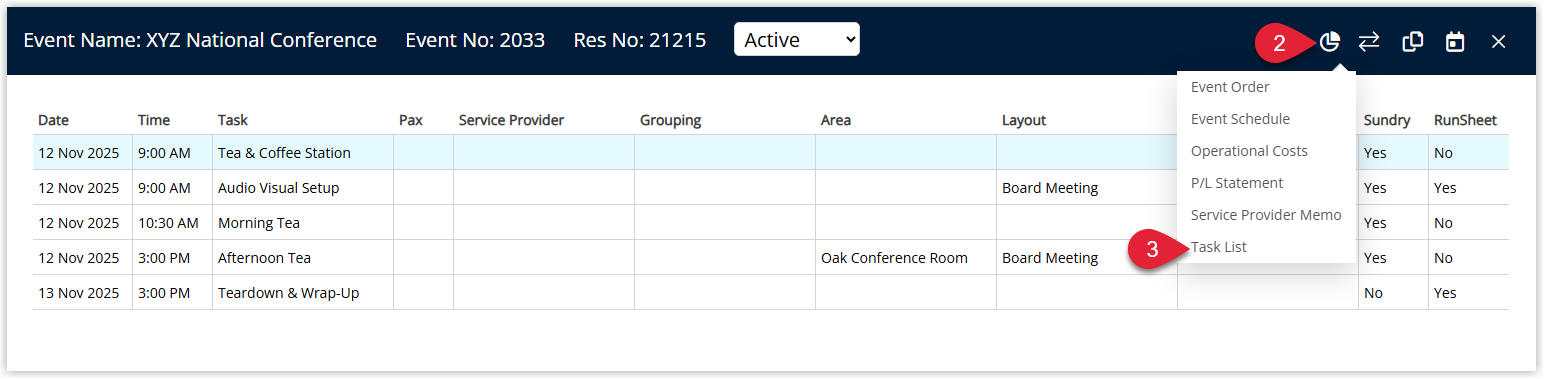 Screenshot of the Reports menu in RMS showing the Task List report option used to generate an event task list runsheet.