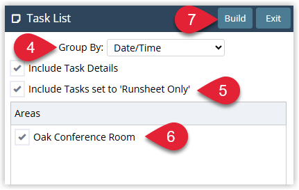 Screenshot of the Build Runsheet screen in RMS showing options to select an event, choose task filters, set the date range and generate the event task list runsheet.