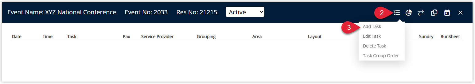 Screenshot of the Event Management window in RMS with the Tasks tab selected and the Add Task button highlighted to create a new event task.