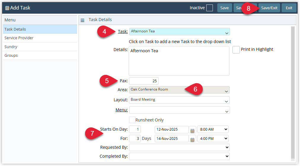 Screenshot of the Add Task screen in RMS Event Management showing fields for Master Task, Task PAX, Event Area and Event Start/End day and time, with the Save/Exit button highlighted and tabs for Service Provider, Sundry and Groups available for additional task details.
