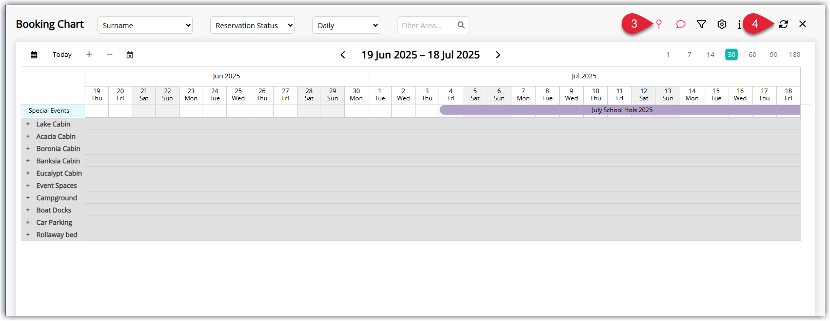 Annotated screenshot of the Booking Chart in RMS with the Set Position pin icon and the refresh icon highlighted in the toolbar