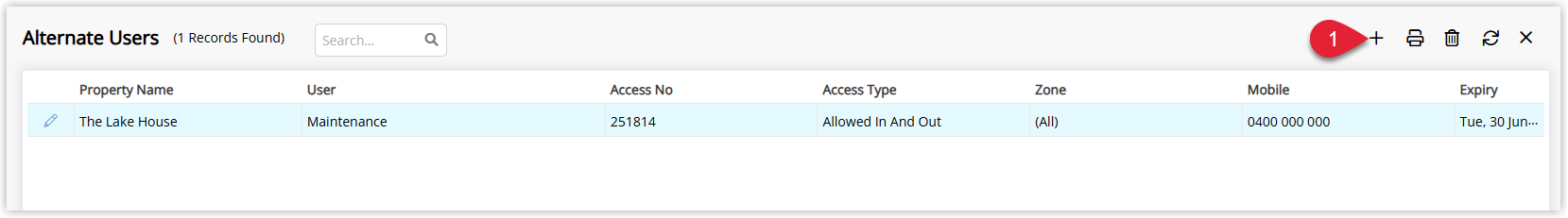 RMS Alternate Users screen for Boomgate showing an empty list of alternate users with the Add button highlighted to create a new alternate user.