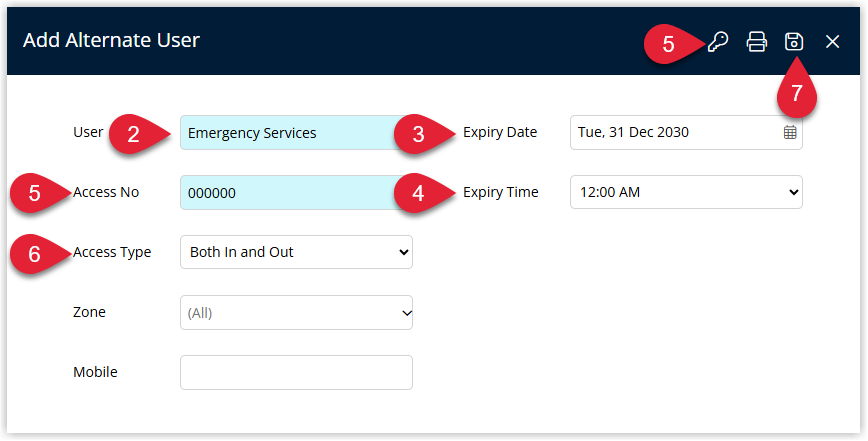 RMS Alternate User details window showing fields for Alternate User name, Expiry Date, Expiry Time, Access No or Generate No, Access Type, optional Zone, and Mobile number with the Save button selected to store the Boomgate access.