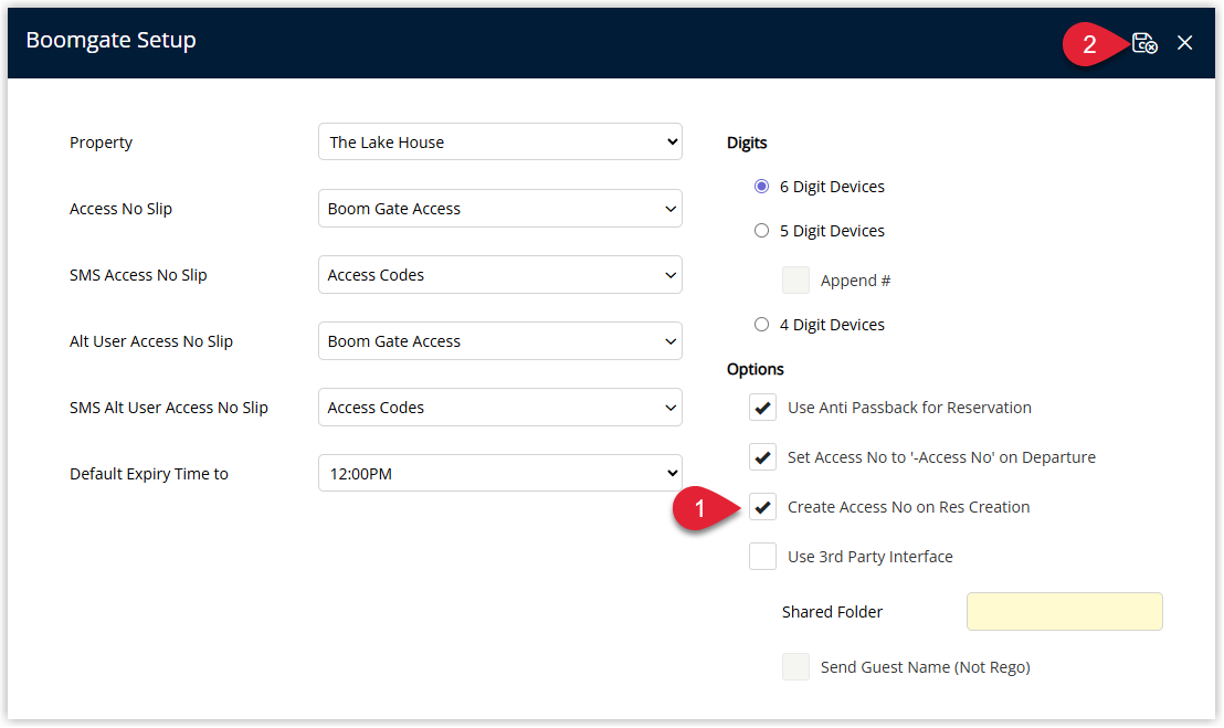 RMS Boomgate Setup screen showing configuration options for automated boomgate access, with the checkbox “Create Access No on Res Creation” ticked and the Save/Exit button highlighted so that a boomgate access number will be automatically created whenever a new reservation is saved or a pencil reservation is converted.
