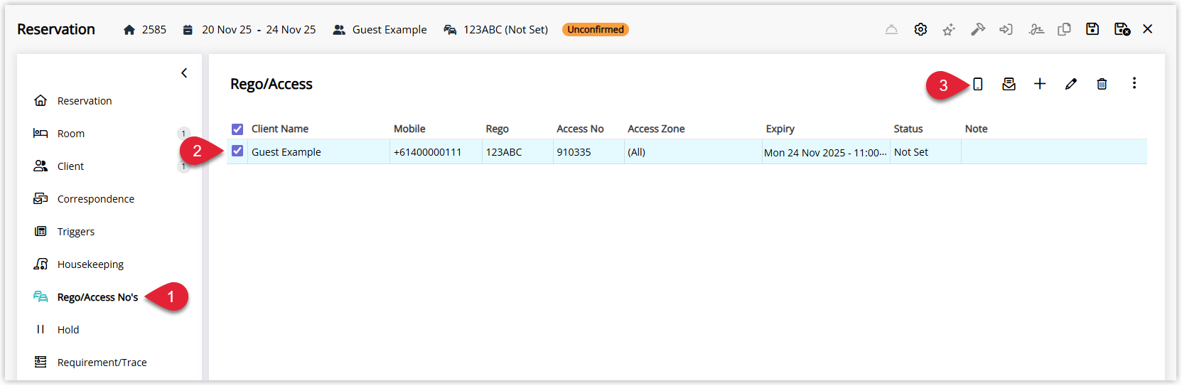 Reservation screen in RMS on the Rego/Access No's tab showing a list of guests or access numbers with one or more rows selected and an SMS (Out) button to send messages