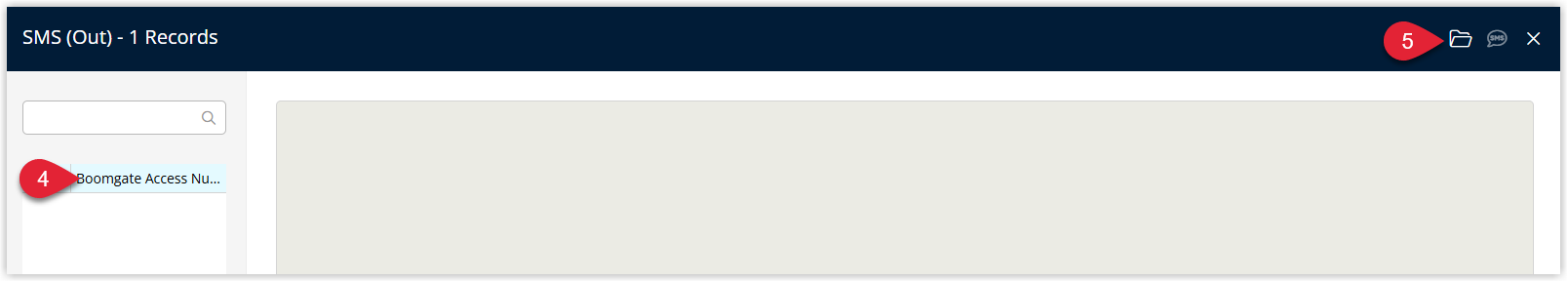 Send SMS window displaying an SMS Template dropdown with an access-slip style template selected and an Open button to load the message content
