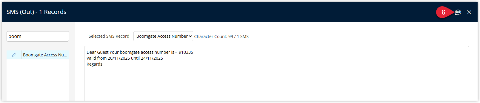 SMS composition screen listing one or more pending messages for selected guests with a Send All SMS button highlighted to dispatch all messages