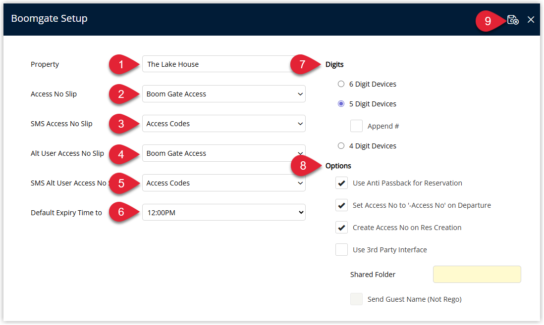 RMS Boomgate Setup screen showing a selected property with fields for Access Number Slip and SMS Access Number Slip form and SMS templates, Alternate User slip templates, Default Expiry Time, Access Code Format, and Boomgate Options including Use Anti Passback for Reservation, Set Access No to -Access No on Departure, Create Access No on Reservation Creation, and Use 3rd Party Interface with a Shared Folder path, and the Save/Exit button highlighted.