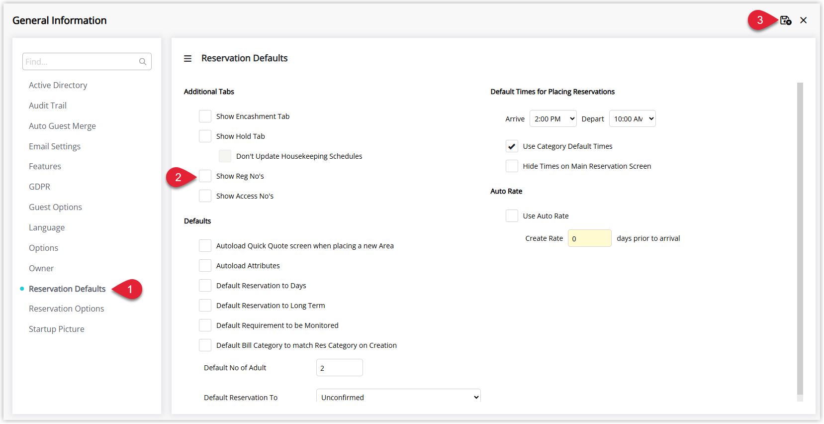 RMS Property General Information window on the Reservations tab with the Show Reg No's checkbox ticked and the Save/Exit button selected, enabling the Rego/Access No's tab on the Reservation screen for capturing guest vehicle registration details.