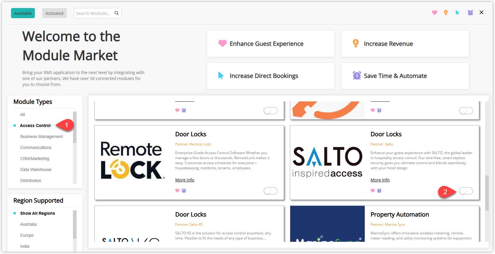 RMS Module Market screen showing the Door Locks module with partner Salto and the Activate toggle enabled.