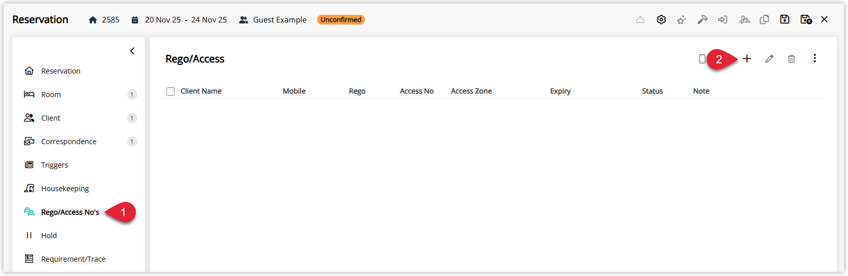 Reservation screen in RMS on the Rego/Access No's tab showing a list of existing registration and access numbers with an Add button to create a new entry