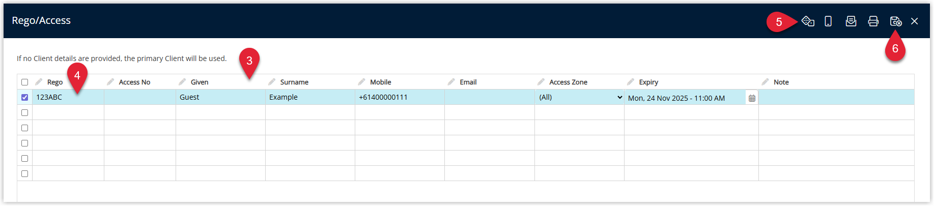 Rego/Access No detail window displaying fields for Guest Details and Rego, a Generate No button to create an access code, and a Save/Exit button, with options to email or SMS the generated access numbers to the primary guest