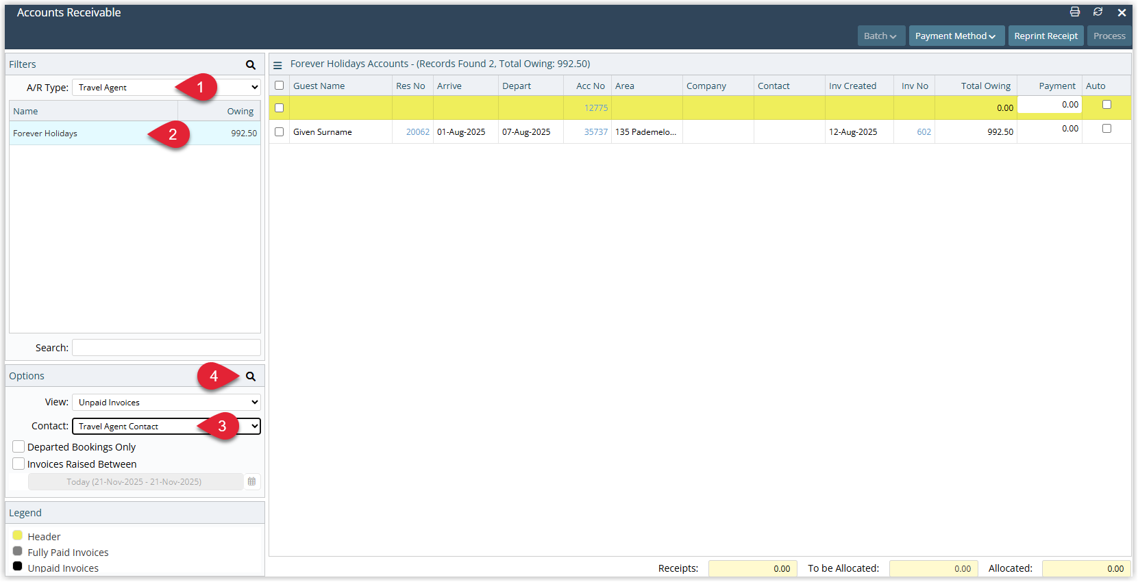 RMS Accounts Receivable screen showing the Company/Travel Agent/Wholesaler selector, a list of Outstanding Accounts with one account highlighted, a Contact dropdown with a specific contact chosen, and the Search button selected, with the results area displaying outstanding invoices filtered for that contact.