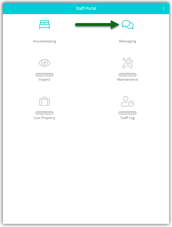 Screenshot of the RMS Staff Portal home screen for a housekeeper showing the navigation bar with the Messaging speech‑bubble icon highlighted.
