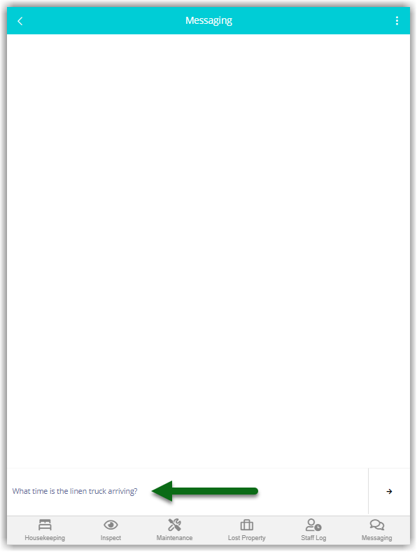 Screenshot of the RMS Staff Portal with the Messaging panel open, showing a text input box at the bottom where the housekeeper can type a new message to the property.