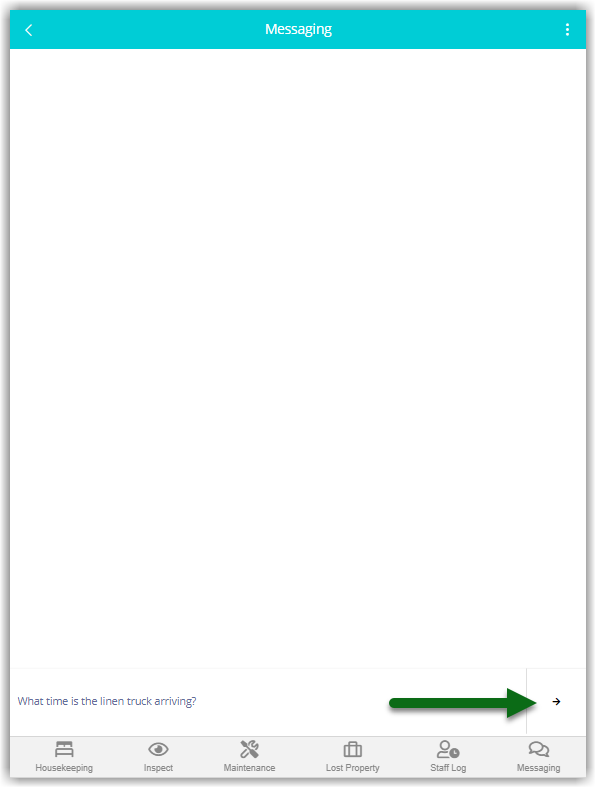 Screenshot of the Messaging panel in the RMS Staff Portal showing a message typed into the input field with the cursor active, demonstrating that pressing Enter will send the message.