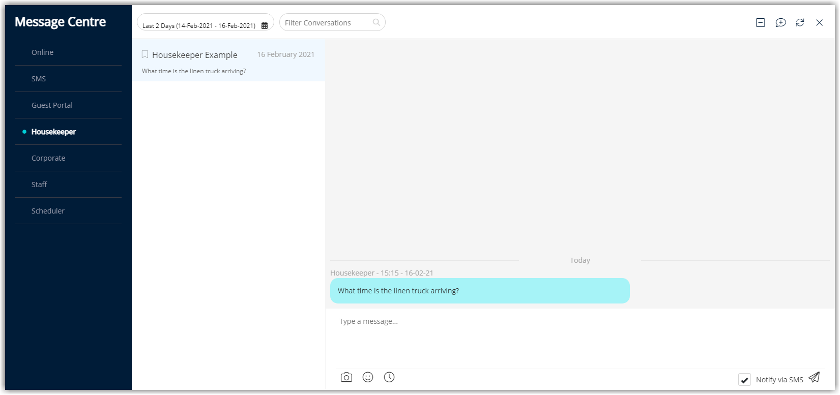 Screenshot of an open conversation in the RMS Message Centre showing the housekeeper’s original message from the Staff Portal and a reply from property staff in the same message thread.