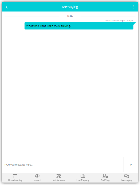 Screenshot of the Messaging panel in the RMS Staff Portal showing the newly sent message displayed in the conversation thread on the right side, confirming it has been sent to the property.