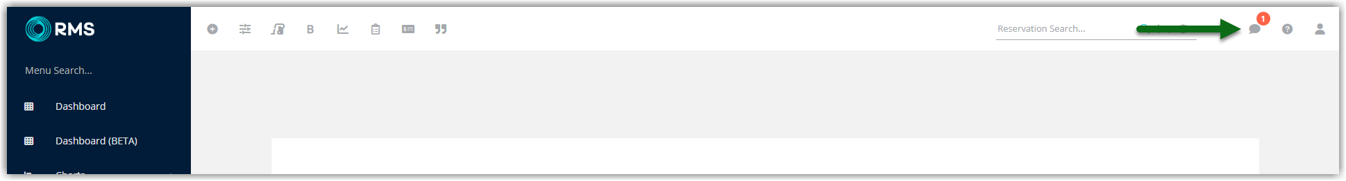 Screenshot of the RMS Message Centre in the main application showing a new Housekeeper message listed under Housekeeper Messaging, visible to users with access.