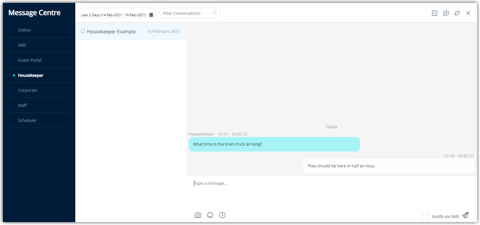 Screenshot of the RMS Message Centre highlighting the reply text area and Send option, demonstrating how property staff can respond to messages from housekeepers.