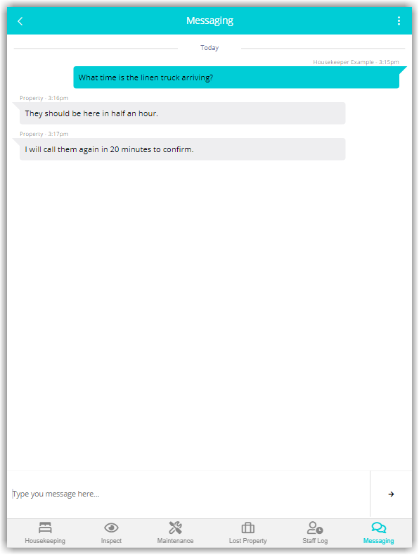 Screenshot of the RMS Staff Portal header for a housekeeper showing the Messaging icon with a red notification badge, indicating a new reply from the property.