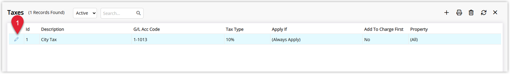 RMS Taxes list showing existing tax records with one tax highlighted and the Edit button selected to open its configuration.