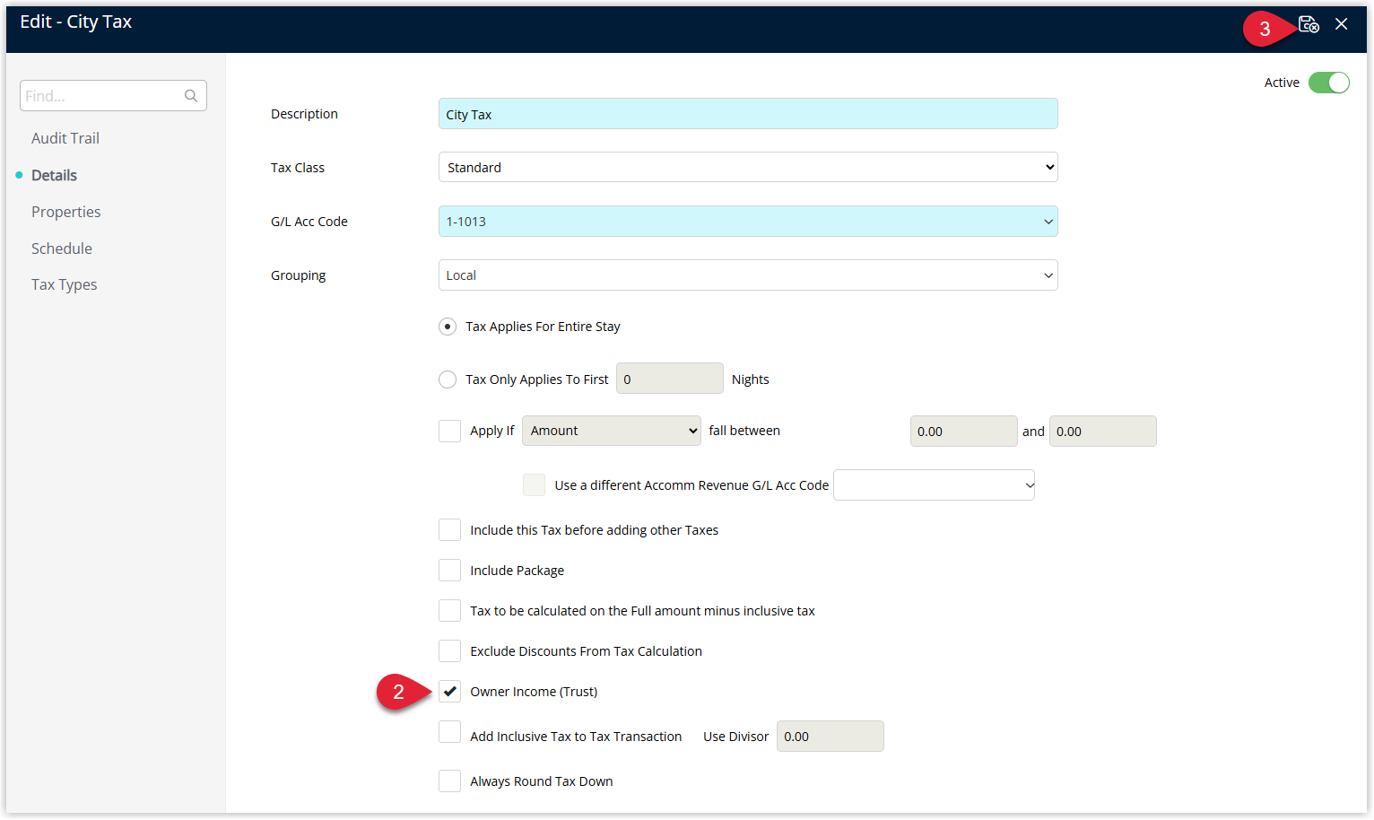 RMS Tax setup screen for the selected tax with the Owner Income checkbox ticked and Save/Exit selected so the tax will be treated as income paid to the owner of the area in Trust Accounting.