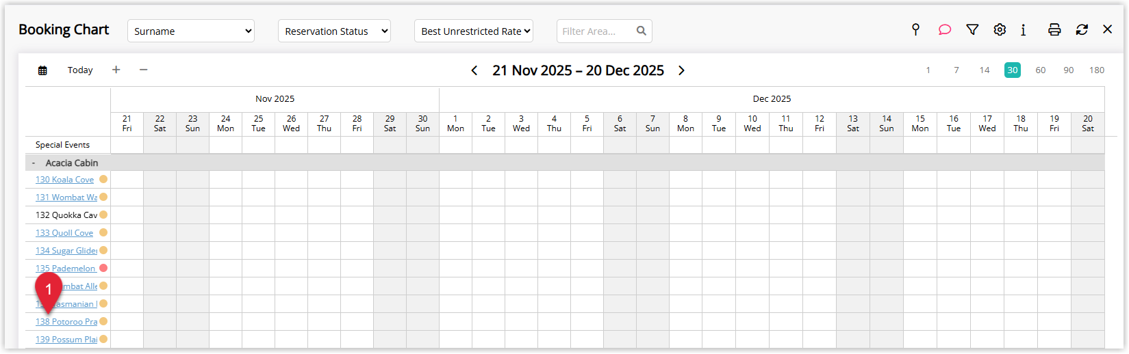 Annotated screenshot of the Booking Chart in RMS highlighting an area to view its owner