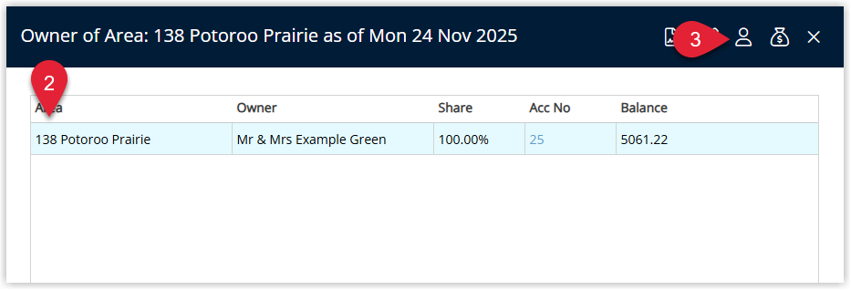 Annotated screenshot of the Owner of Area window in RMS highlighting the owner record and the owner details icon