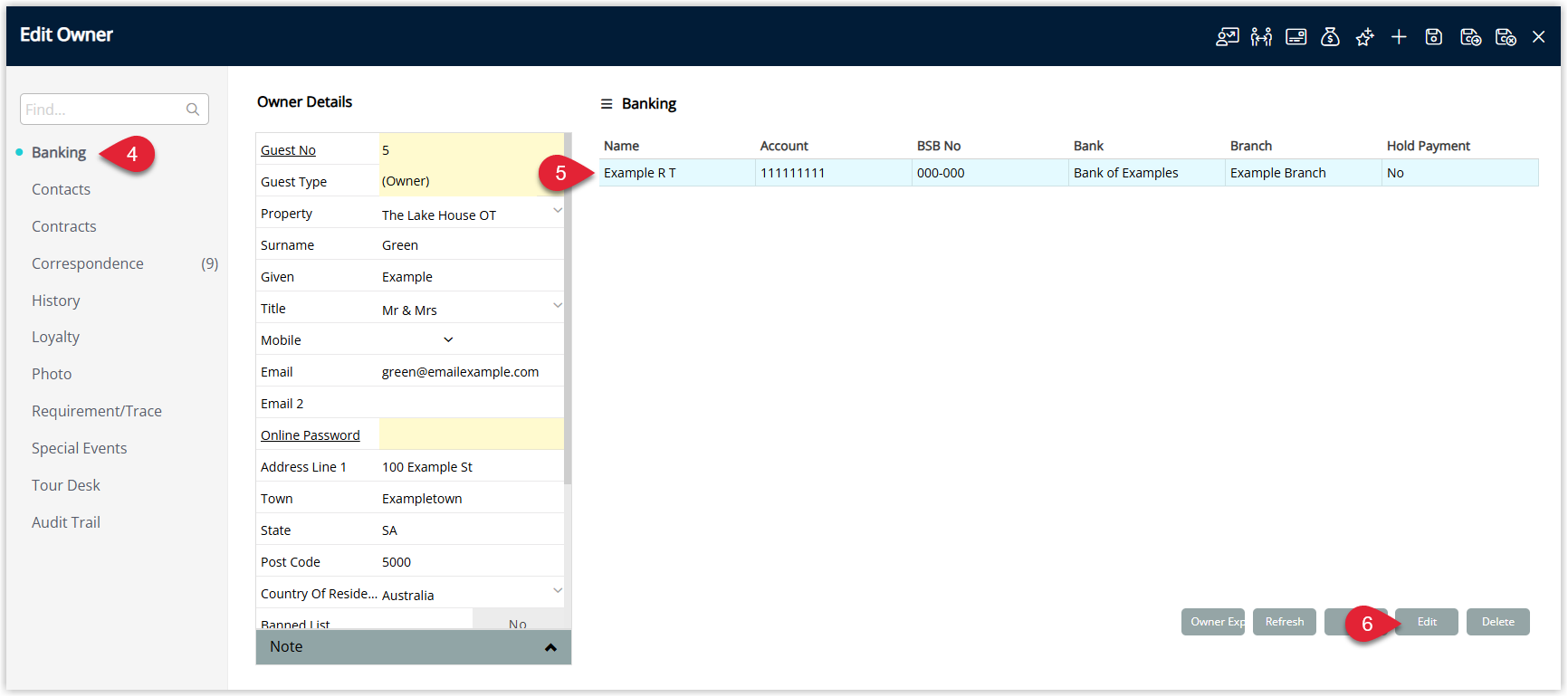 Annotated screenshot of the Edit Owner Banking tab in RMS highlighting the bank account record and the Edit button