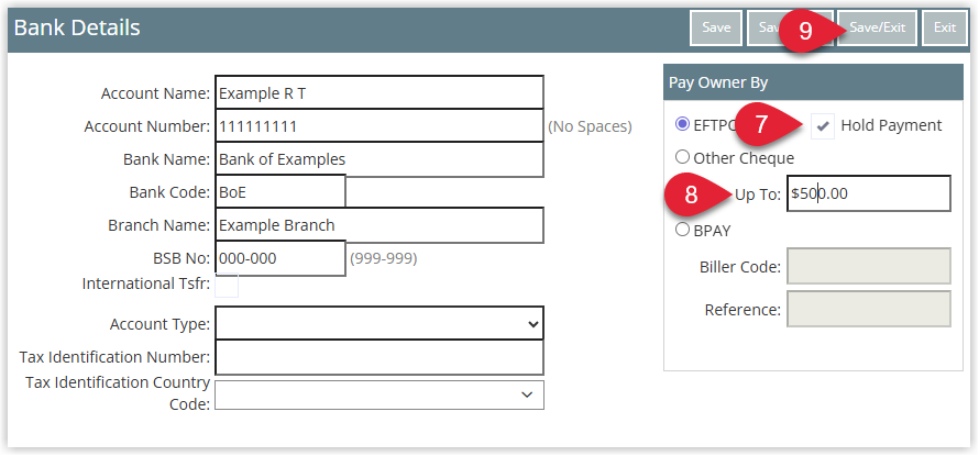Annotated screenshot of the Bank Details screen in RMS highlighting the Hold Payment option, the hold amount and the Save/Exit button