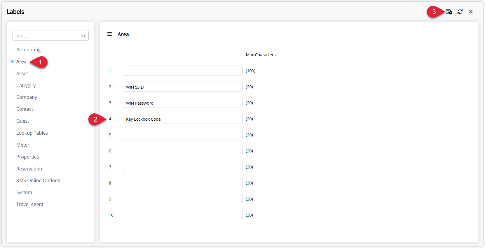 Screenshot of the Labels setup screen in RMS with the Area tab selected, showing multiple Custom Field Name boxes where custom labels for Area user fields can be entered before saving.