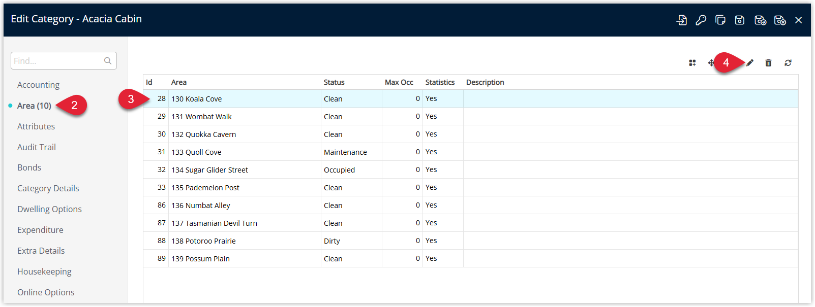 Screenshot of the Category edit window in RMS with the Area tab selected, displaying a list of Areas under the Category and the Edit button highlighted for a chosen Area.