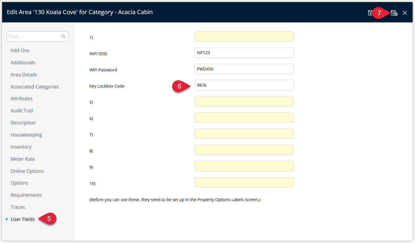 Screenshot of the Area edit window in RMS with the User Fields tab selected, showing custom field labels and input boxes where values such as Wi‑Fi SSID, password or lockbox code are entered before saving.