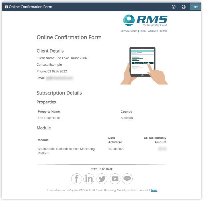 RMS confirmation message indicating that the Saudi Arabia National Tourism Monitoring Platform module has been successfully activated, with a note that a confirmation email has been sent to the main accounts contact.