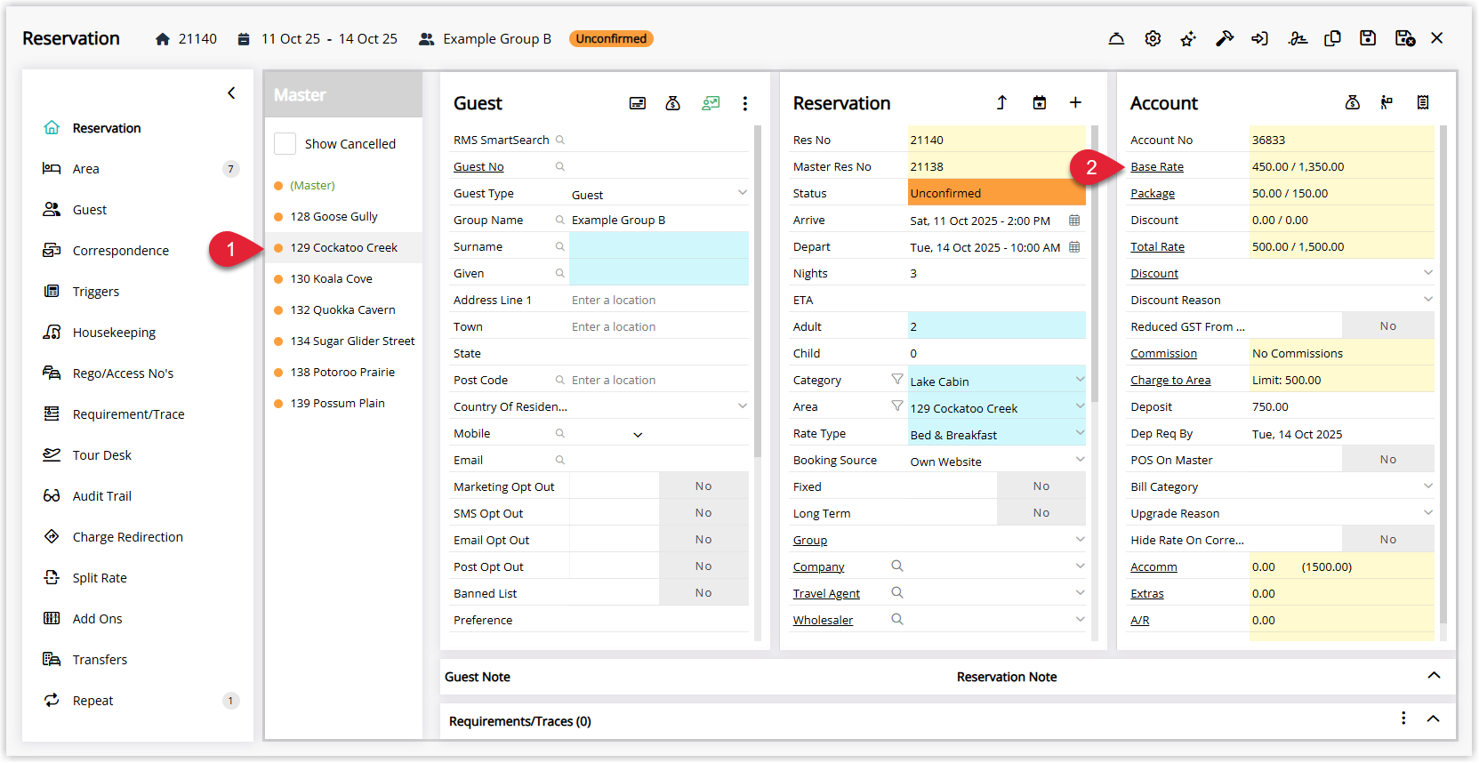 RMS Master Reservation screen showing the Navigator panel with multiple sibling reservations listed, one sibling reservation selected, and the Base Rate field on that reservation highlighted ready to be edited.